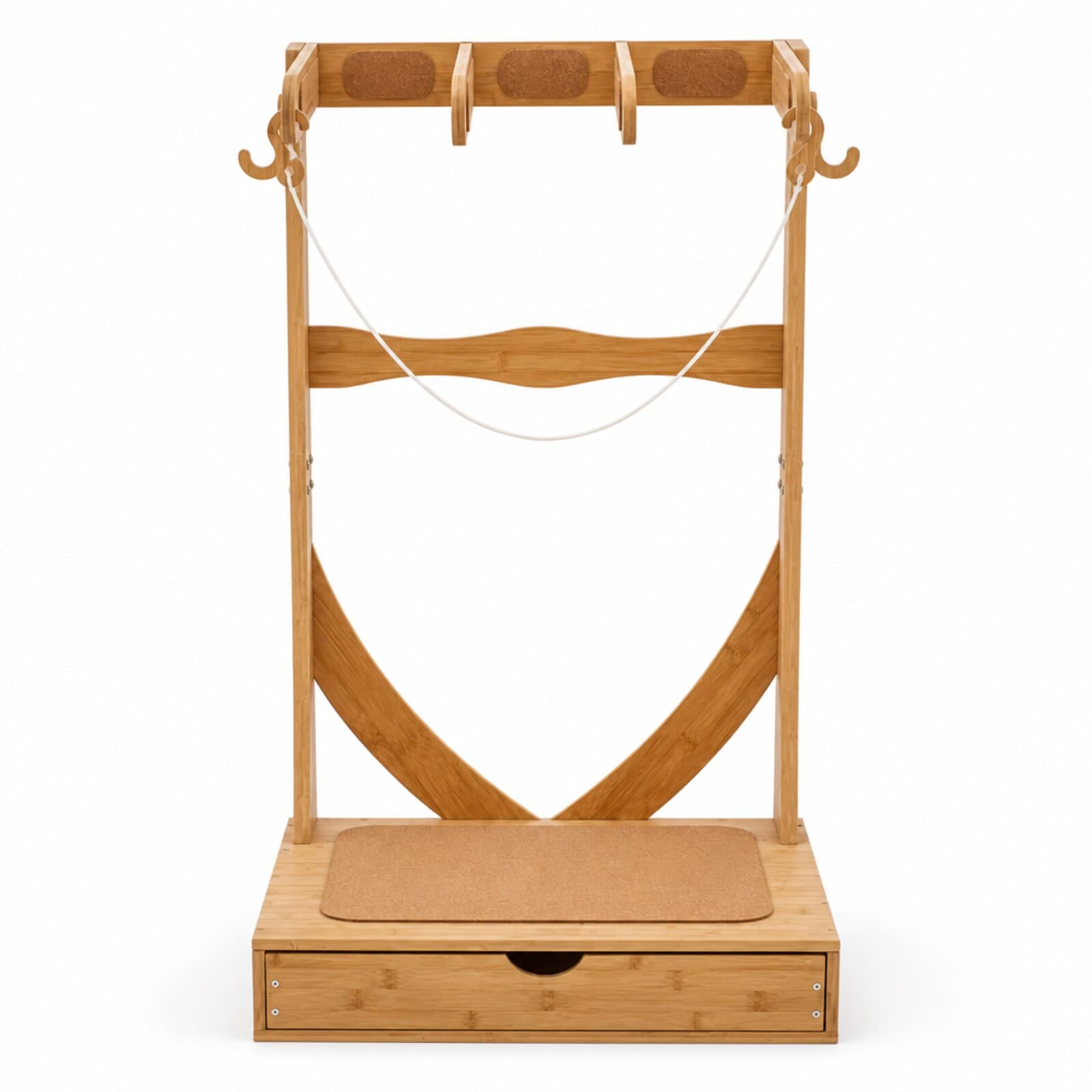 Light-wood freestanding surfboard hanger for three boards on a white background