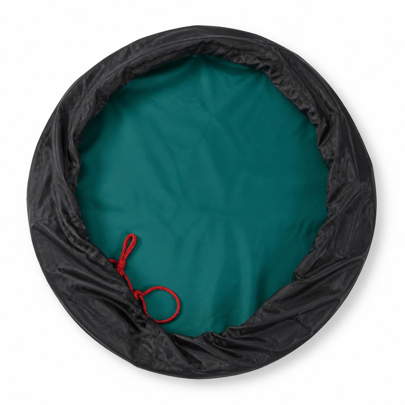 Circular wetsuit changing mat open flat showing teal waterproof lining and red drawstring