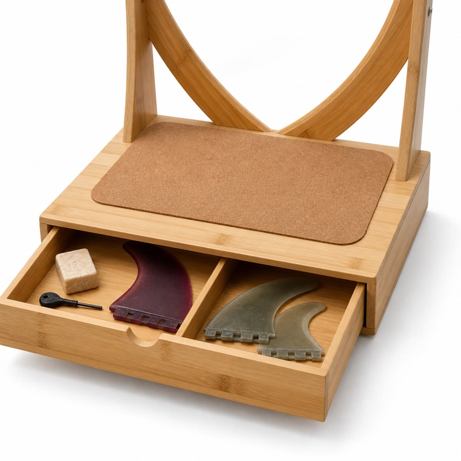 Surfboard hanger base drawer open with fins and wax storage